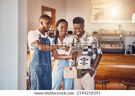 Restaurant owner working on digital tablet to plan and discuss business budget with investors. Startup business, entrepreneur and man leader showing happy customers the food menu on technology. Royalty-Free Stock Photo #2194218391