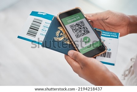 Covid passport, travel regulations and medical result on mobile phone. Foreign flight and virus control for safety of airport passenger. Protection for people at risk to get sick with corona.