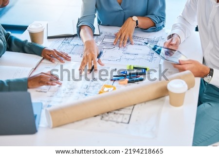 Architect blueprints, engineers and designers analyzing drawing, draft and sketch plan for construction project, layout and building. Closeup of team collaboration planning for property development
