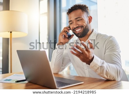 Business, corporate and client deal phone call of a businessman working at an office computer. Sales marketing business man with a smile happy about career success, b2b bonus or executive promotion Royalty-Free Stock Photo #2194218985