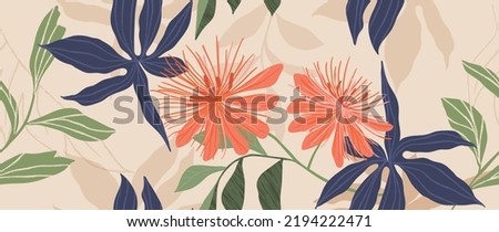 Abstract foliage background vector. Tropical botanical wallpaper with leaf art, leaf, flower, leaves. Seamless pattern design for wallpaper, prints, cover, fabric, wall art and home decor.