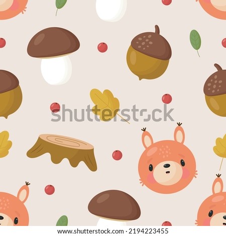 Vector seamless pattern with squirrels, nuts, mushrooms, leaves, berries. Autumn pattern. For card, posters, banners, printing on the pack, printing on clothes, fabric, wallpaper.