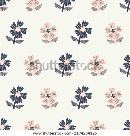 Abstract wildflower vector seamless pattern background. Modern folk art stitch effect style blue off white florals, stems, leaves backdrop. Botanical garden meadow flowers repeat for baby shower