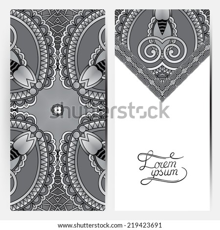 grey decorative label card for vintage design, ethnic pattern, antique greeting card, invitation with lace ornament, black and white collection