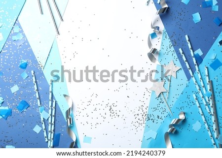 Flat lay composition with party decor on color background. Space for text