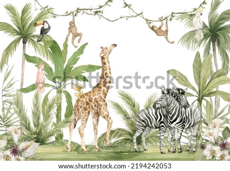 Watercolor composition with African animals and natural elements. Giraffe, monkeys, zebras, palm trees, flowers. Safari wild creatures. Jungle, tropical illustration for nursery wallpaper