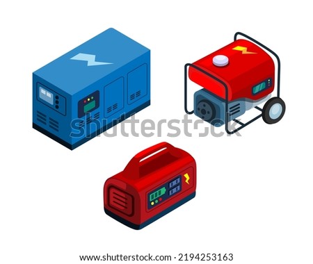 Generator electric power supply portable collection set isometric illustration vector Royalty-Free Stock Photo #2194253163