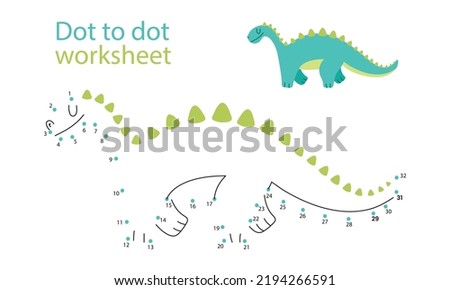 Dot to dot worksheet template with dino.Numbers games for kids. Coloring page. Vector EPS 10 illustration.Dot to dot game with numbers and answer for kids. Connect the dots by numbers.
