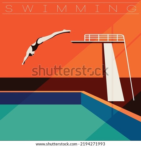 sports banner springboard pool jumping woman icons
