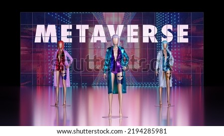 Metaverse digital 3D stage podium with digital fashion sold as NFT. Cyber podium catwalk with avatars showing online clothing. 3D rendering