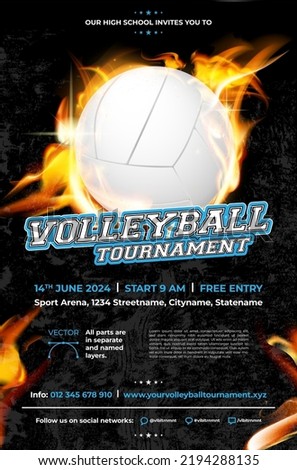 Volleyball tournament poster template with ball on fire - vector illustration