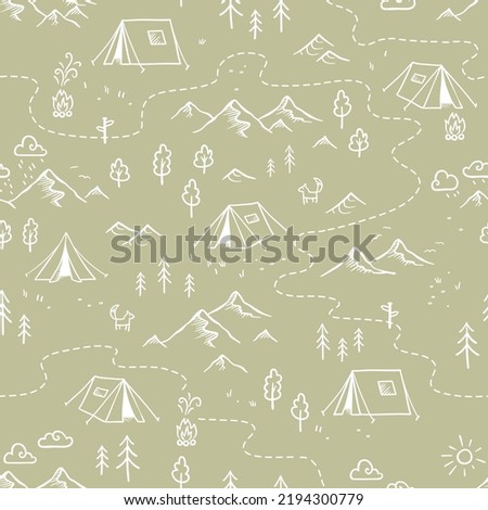 Cute hand drawn vector seamless pattern with camping doodles, tents, landscape and trails, great for textiles, banners, wallpapers Royalty-Free Stock Photo #2194300779