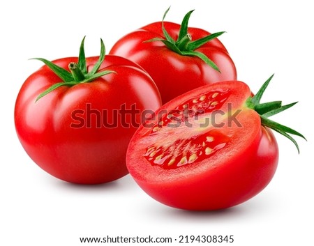 Tomatoes isolated. Tomato on white background. Tomatoes and a half side view. With clipping path. Full depth of field. Royalty-Free Stock Photo #2194308345