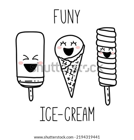 Cute hand drawn kawaii cartoon characters. Ice cream with smiling faces. Fun happy doodles for kids