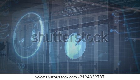Image of digital data processing on screens over computer servers. global online computing, data processing and digital interface concept digitally generated image.