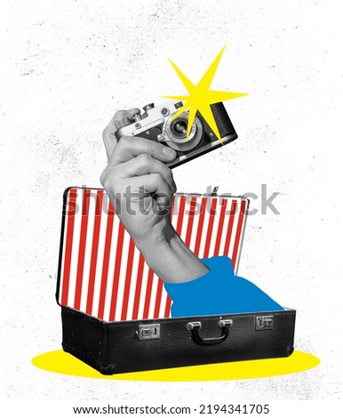 Paparazzi. Contemporary art collage. Colorful image of retro photo camera in human hand sticking out from old suitcase. Concept of vintage things, mix old and modernity. Copy space for ad Royalty-Free Stock Photo #2194341705