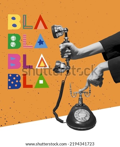 Empty talk and gossip. Contemporary art collage. Human hands holding retro vintage phone with magazine style lettering. Concept of style, retro, art, creativity, imagination. Copy space for ad Royalty-Free Stock Photo #2194341723