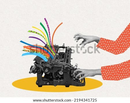 Creative process. Pop art collage. Female hand typing on retro typewriter isolated over white background. Vintage, retro 80s, 70s style. Bright colors. Copy space for ad, text Royalty-Free Stock Photo #2194341725