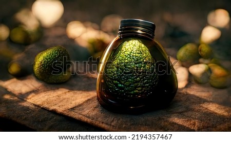3D rendering of Avocado oil inside the bottle with a green avocado in the background in the kitchen