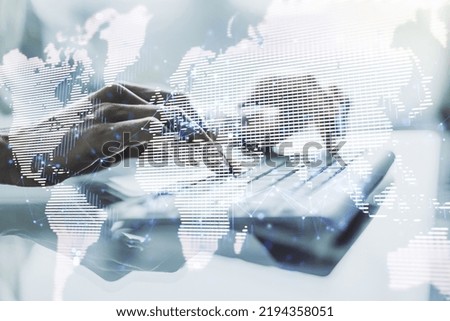 Multi exposure of abstract creative digital world map and hands typing on computer keyboard on background, tourism and traveling concept
