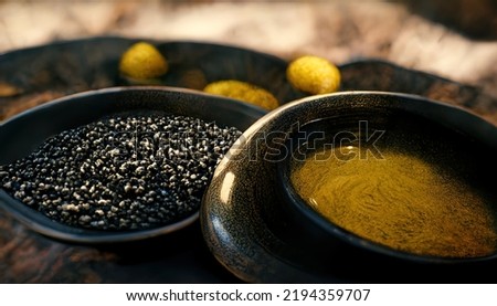 3D rendering of Black cumin on the bowl with black colors inside the kitchen