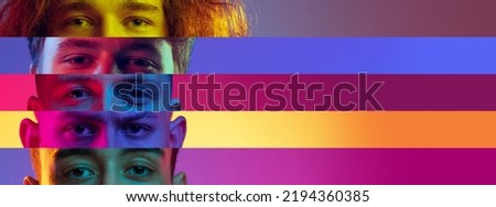 Collage of close-up male and female eyes isolated on colored neon backgorund. Multicolored stripes. Flyer with copy space for ad. Concept of equality, unification of all nations, ages and interests Royalty-Free Stock Photo #2194360385