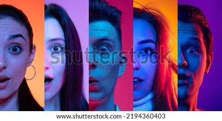Shocked, surprised young people looking at camera on multicolored background in neon. Collage made of half of human faces. Wow emotions, equality, unification of all nations, ages and interests.