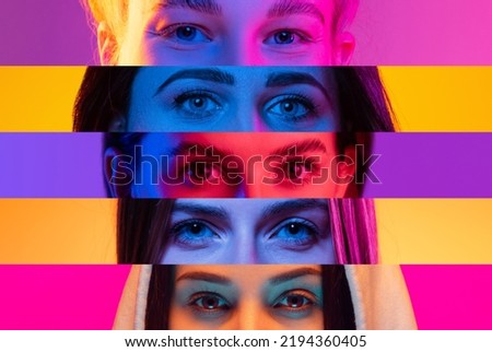 Collage of close-up male and female eyes isolated on colored neon backgorund. Multicolored stripes. Flyer with copy space for ad. Concept of equality, unification of all nations, ages and interests Royalty-Free Stock Photo #2194360405