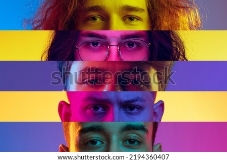 Collage of close-up male and female eyes isolated on colored neon backgorund. Multicolored stripes. Flyer with copy space for ad. Concept of equality, unification of all nations, ages and interests Royalty-Free Stock Photo #2194360407
