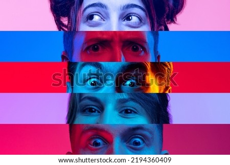 Collage of close-up male and female eyes isolated on colored neon backgorund. Multicolored stripes. Flyer with copy space for ad. Concept of equality, unification of all nations, ages and interests Royalty-Free Stock Photo #2194360409