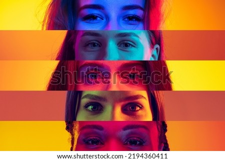 Collage of close-up male and female eyes isolated on colored neon backgorund. Multicolored stripes. Flyer with copy space for ad. Concept of equality, unification of all nations, ages and interests Royalty-Free Stock Photo #2194360411