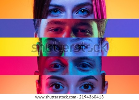 Collage of close-up male and female eyes isolated on colored neon backgorund. Multicolored stripes. Flyer with copy space for ad. Concept of equality, unification of all nations, ages and interests Royalty-Free Stock Photo #2194360413