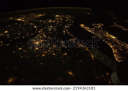 Europe map, view of city lights on Earth at night in satellite image. Europe, south of Italy and part of Africa with night lights. Elements of this image furnished by NASA
