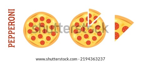 A set of illustrations of Pepperoni pizza. A top view of a whole, cut and a slice of pizza