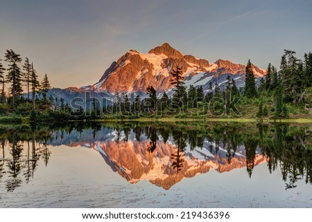 reflection of the wilderness in Picture Lake at mount Baker, Washington
