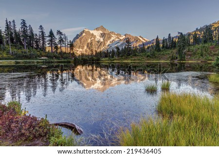 reflection of the wilderness in Picture Lake at mount Baker, Washington