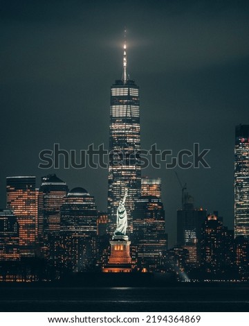 A vertical shot of the Statue of Liberty and skyscrapers at night in New York, United States