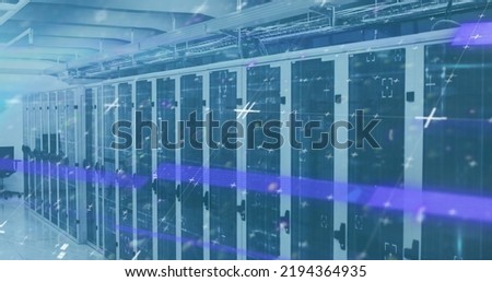 Image of lines flickering and markers moving over computer servers in background. Digital interface global connection and communication concept digitally generated image.