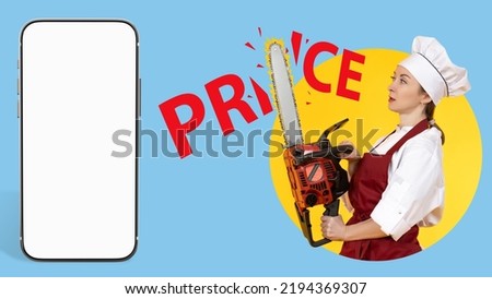 Food discounts. Woman chef with chainsaw. Smartphone with blank screen. Template for your advertising banner. Restaurant or cafe discounts. Place for inscription. Discount offer from chief.  