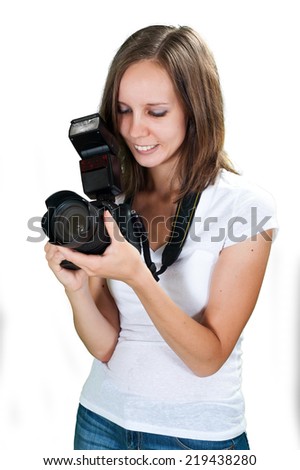 Curious photographer with camera isolated on white
