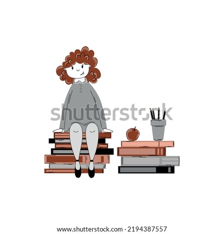 Happy young girl character studying. Hand draw outline vector illustration in doodle style. Back to school concept.