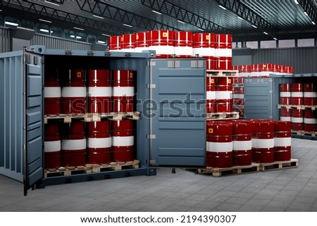 Warehouse chemical products. Red barrels in shipping containers. Logistics goods chemical industry. Open cargo containers inside hangar. Warehouse Logistics. Industrial chemical enterprise. 3d image Royalty-Free Stock Photo #2194390307