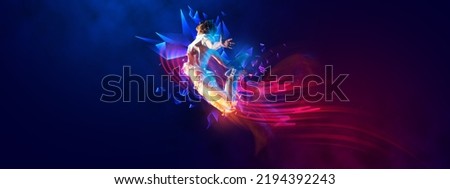 Freedom fighter. Flyer with young stylish man, breakdanc dancer in motion over dark background with neon colorful elements. Youth culture, movement, street style and fashion, action.