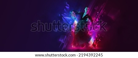 Waltz, valse. Poster, flyer with graceful young couple dancing ballroom dance over dark background with colorful neon elements. Art, music, dance style concept. Open dance cup. Copy space for ad