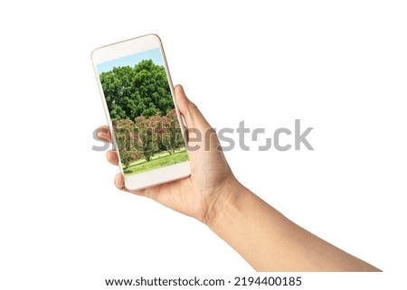 Woman hand holding mobile phone to 
travel landscape photography isolated on white background.