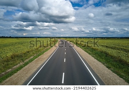 Aerial view of empty intercity road between green agricultural fields. Top view from drone of highway roadway Royalty-Free Stock Photo #2194402625