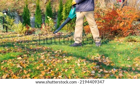Blower removes fallen leaves from the lawn. A gardener with a blower cleans the grass from leaves in the autumn season. Household cleaning tools. Cleaning the lawn from foliage with a blower. Royalty-Free Stock Photo #2194409347