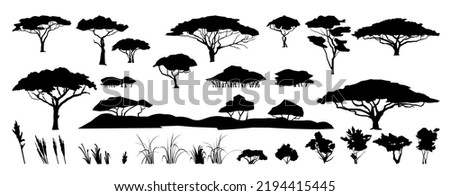Set of plants and herbs. Silhouette picture. African savannah landscape. Africa acacia tree. Isolated on white background. Vector