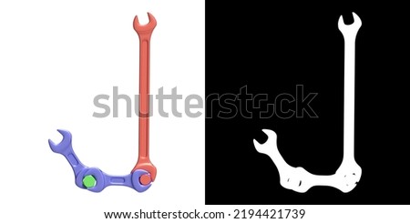 Letter J made of wrenches and bolts randomly colored with car paint, isolated on white with clipping mask, 3d rendering
