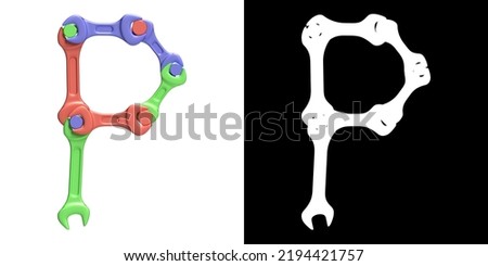 Letter P made of wrenches and bolts randomly colored with car paint, isolated on white with clipping mask, 3d rendering